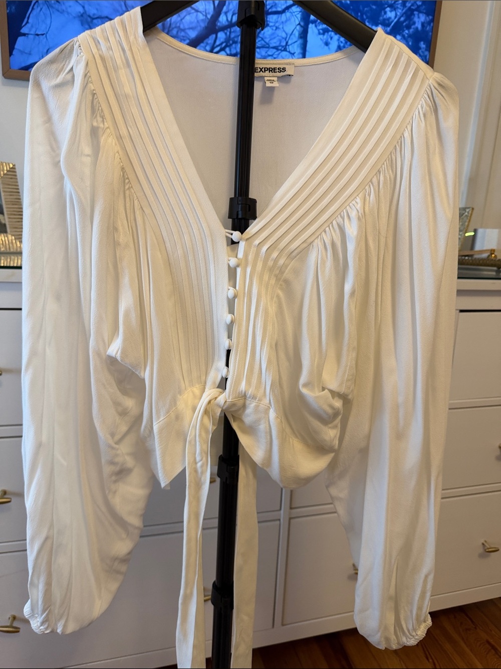 Express White Pleated V-Neck Button Tie Blouse